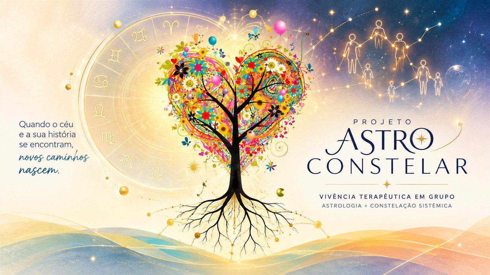 Astro Constelar, a árvore da vida com raízes e copa em forma de coração, dentro da roda zodiacal