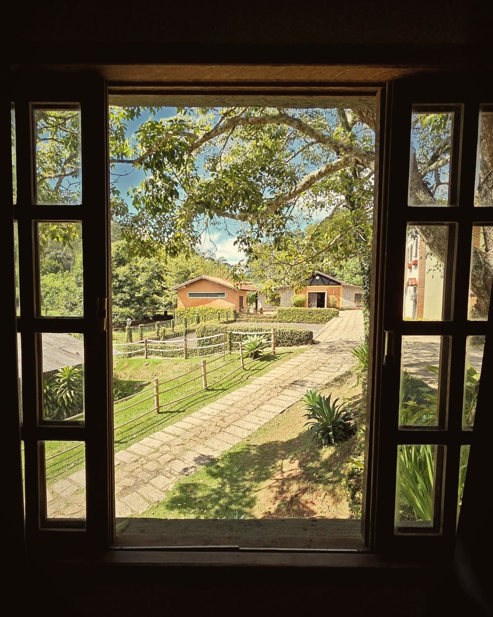Vista do jardim pela janela de madeira de um quarto